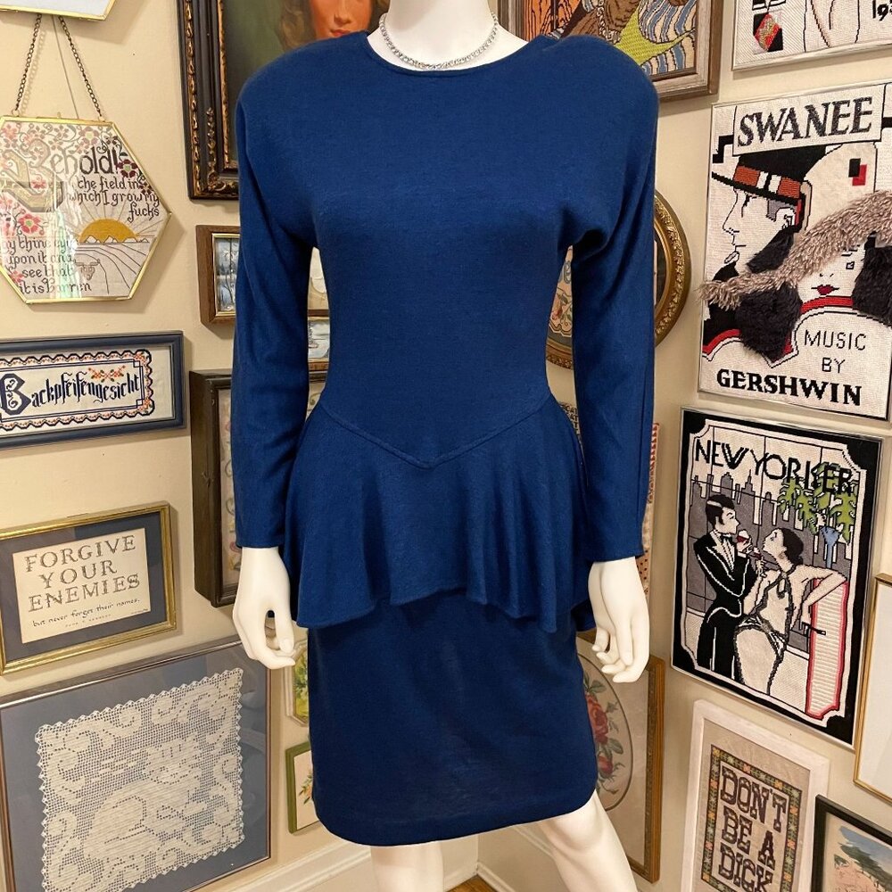 80s Vintage Blue Long Sleeve Peplum Dress With Keyhole Back & Pencil Skirt M